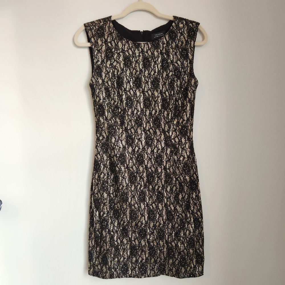 Tahari Arthur S. Levine Sleeveless Black Lace and Gold Shimmer Dress Size 10